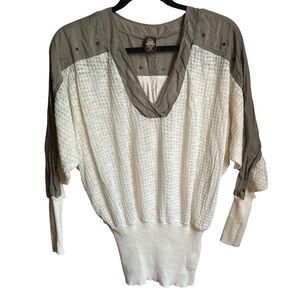 FREE PEOPLE | Ivory Olive Brown Open Knit Silk Cotton Sweater S Slouchy Grommet